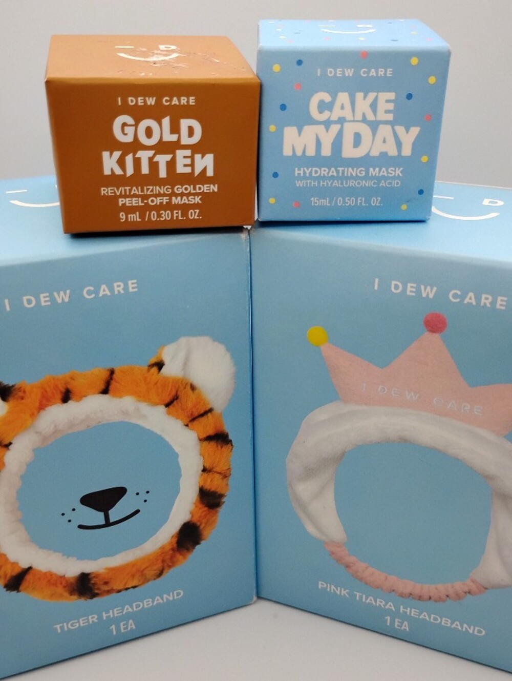 I Dew Care Tiger & Princess Tiara Headband With Gold Kitten & Cake My Day Masks